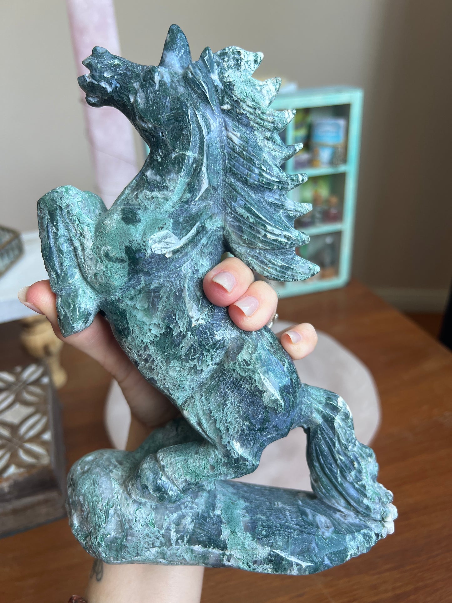 Moss Agate Unicorn Carving