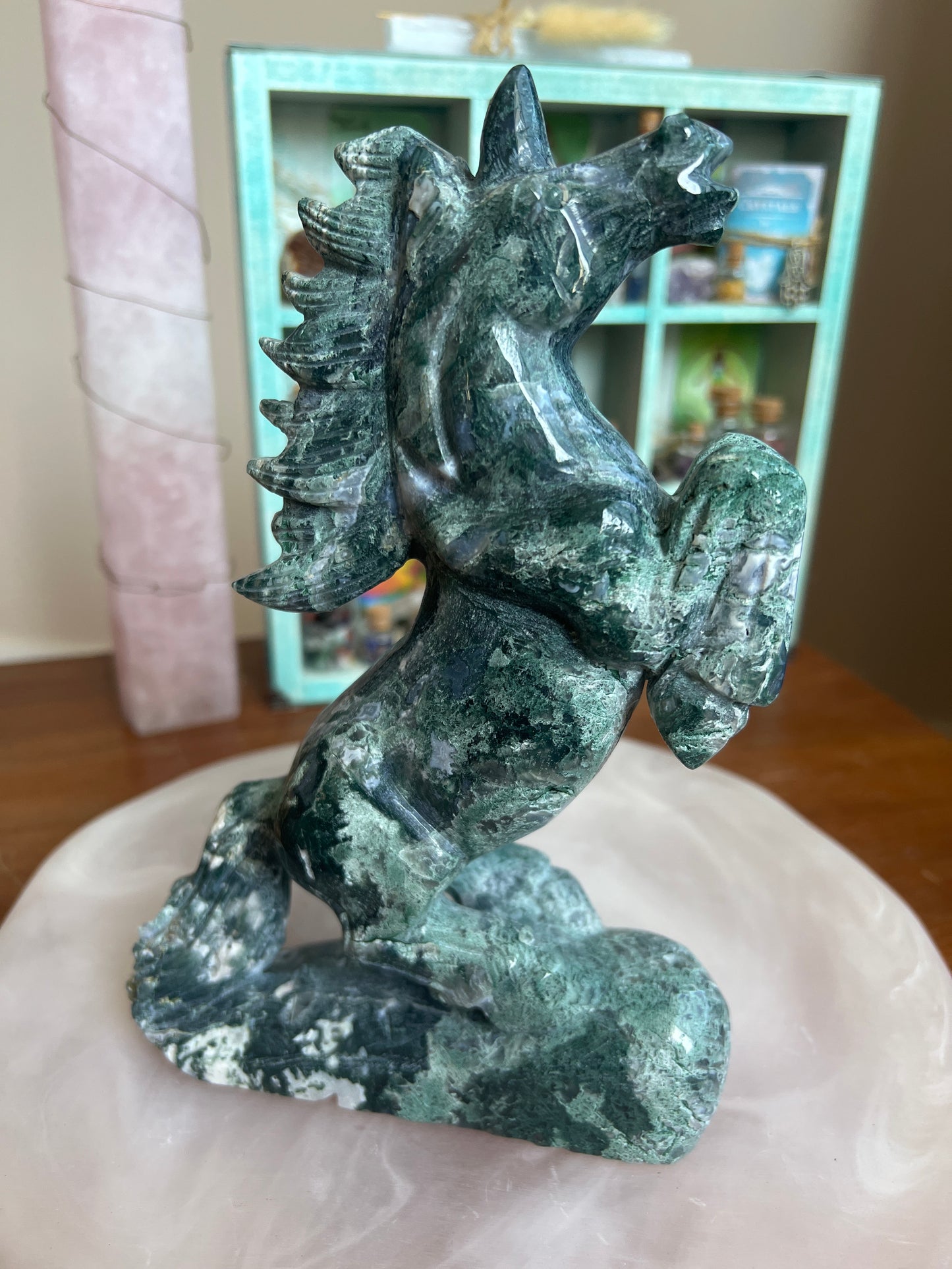 Moss Agate Unicorn Carving