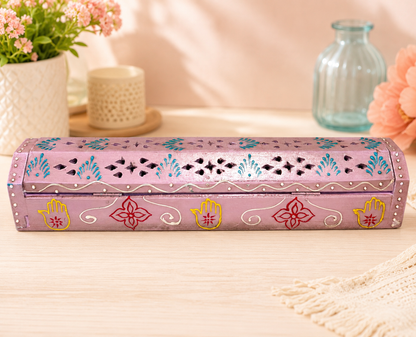 Hand Painted Wooden Incense Box - PINK (12 in.)