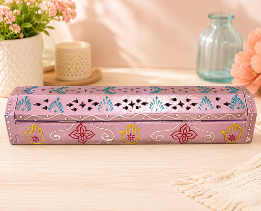 Hand Painted Wooden Incense Box - PINK (12 in.)