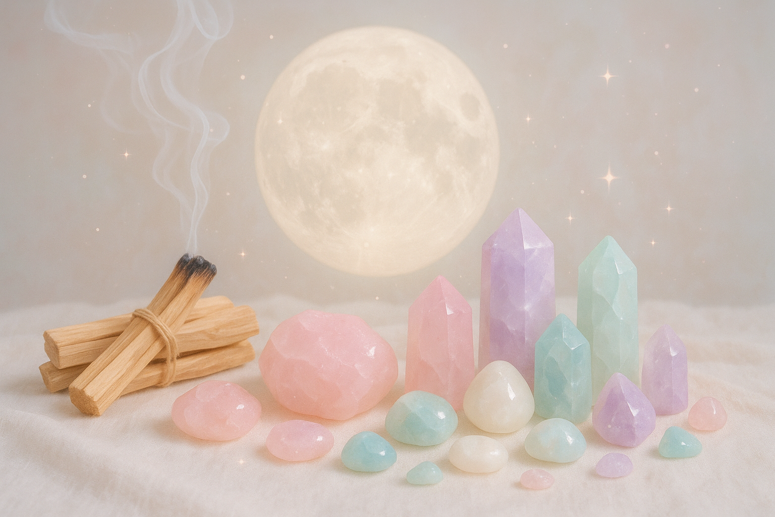 pastel cleansing crystals full moon palo Santo